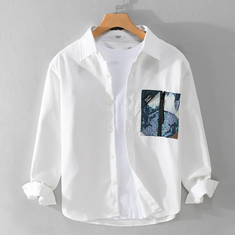 Herren Leichtes Hemdjacke-Overshirt mit kontrastierter Reißverschluss-Brusttasche und Relaxed-Fit Drune