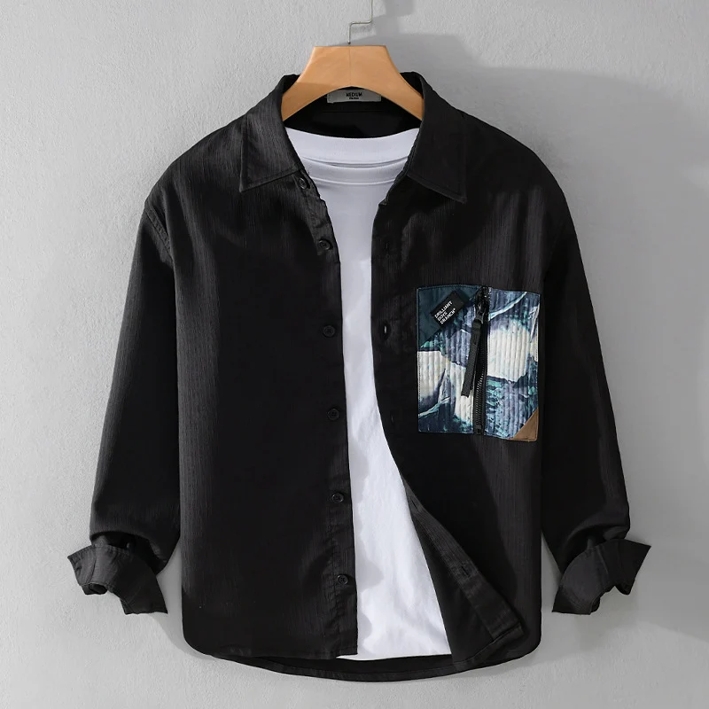 Herren Leichtes Hemdjacke-Overshirt mit kontrastierter Reißverschluss-Brusttasche und Relaxed-Fit Drune