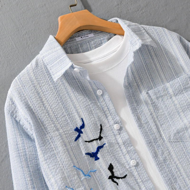Herren Leichtes gestreiftes Overshirt aus Leinen-Baumwollmix mit Vogelstickerei Drune