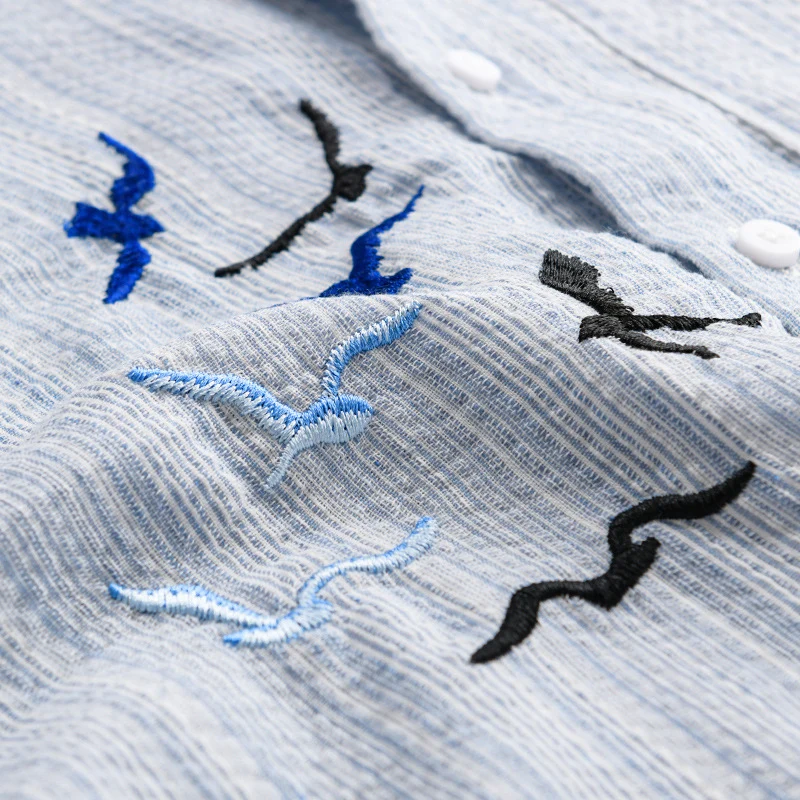 Herren Leichtes gestreiftes Overshirt aus Leinen-Baumwollmix mit Vogelstickerei Drune