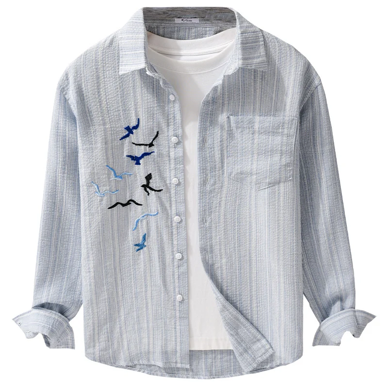 Herren Leichtes gestreiftes Overshirt aus Leinen-Baumwollmix mit Vogelstickerei Drune