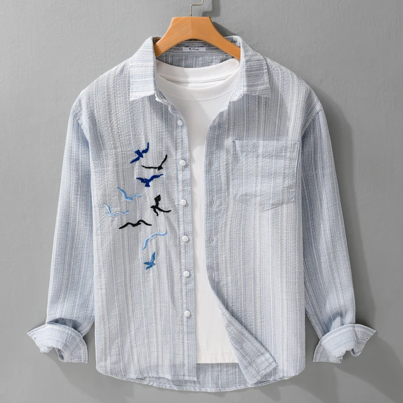 Herren Leichtes gestreiftes Overshirt aus Leinen-Baumwollmix mit Vogelstickerei Drune