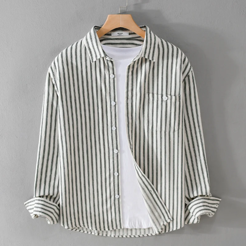 Herren Leichtes gestreiftes Layering-Overshirt aus Leinen-Baumwollmix mit Brusttasche und abgerundetem Saum Drune