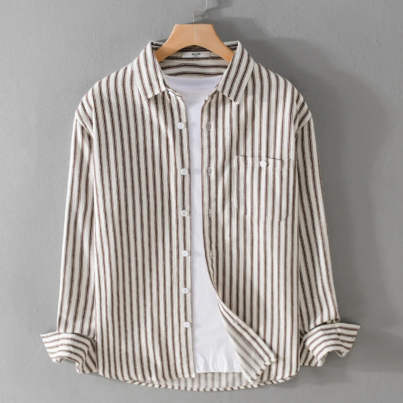 Herren Leichtes gestreiftes Layering-Overshirt aus Leinen-Baumwollmix mit Brusttasche und abgerundetem Saum Drune