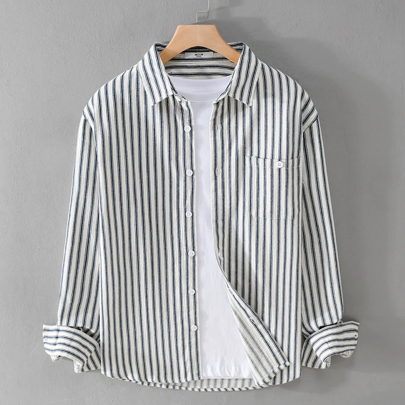 Herren Leichtes gestreiftes Layering-Overshirt aus Leinen-Baumwollmix mit Brusttasche und abgerundetem Saum Drune