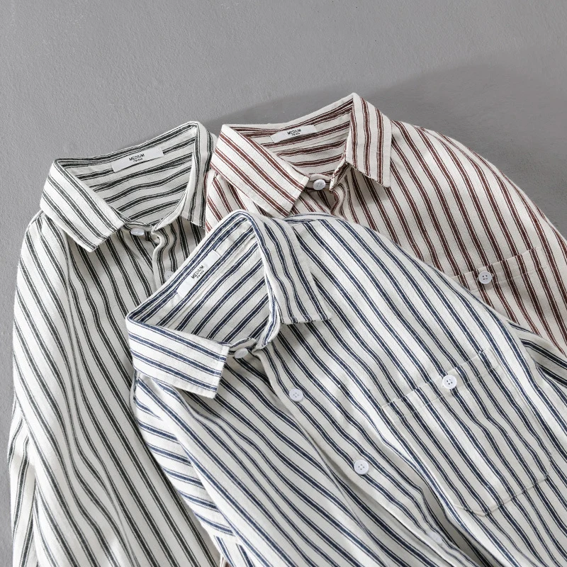 Herren Leichtes gestreiftes Layering-Overshirt aus Leinen-Baumwollmix mit Brusttasche und abgerundetem Saum Drune