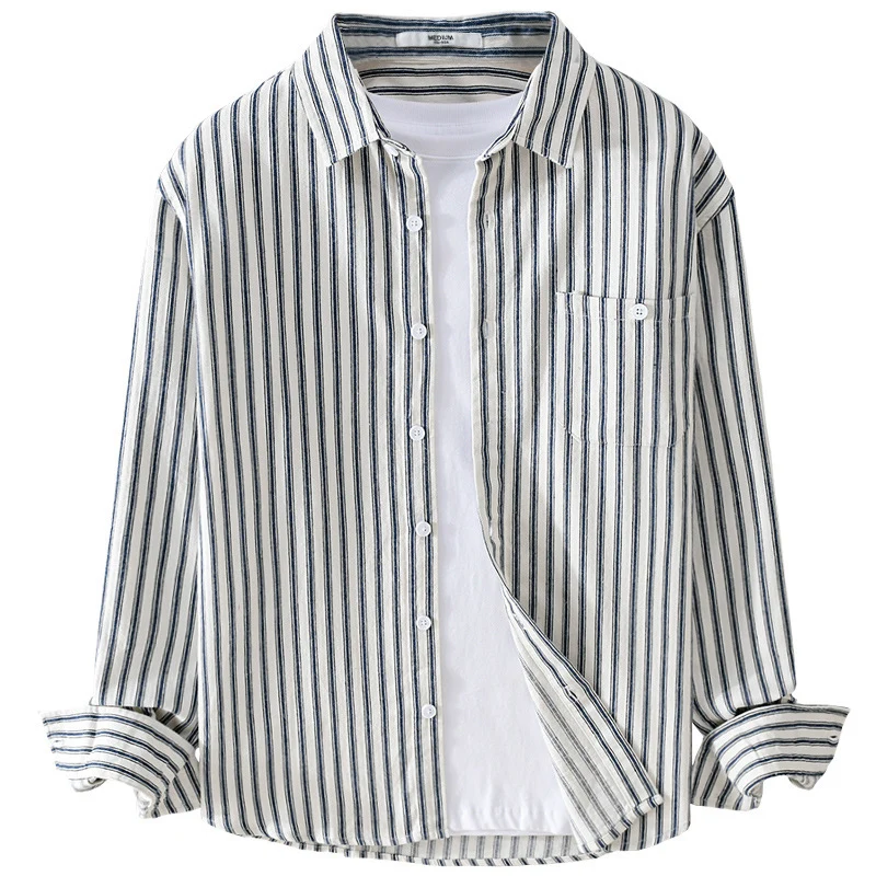 Herren Leichtes gestreiftes Layering-Overshirt aus Leinen-Baumwollmix mit Brusttasche und abgerundetem Saum Drune