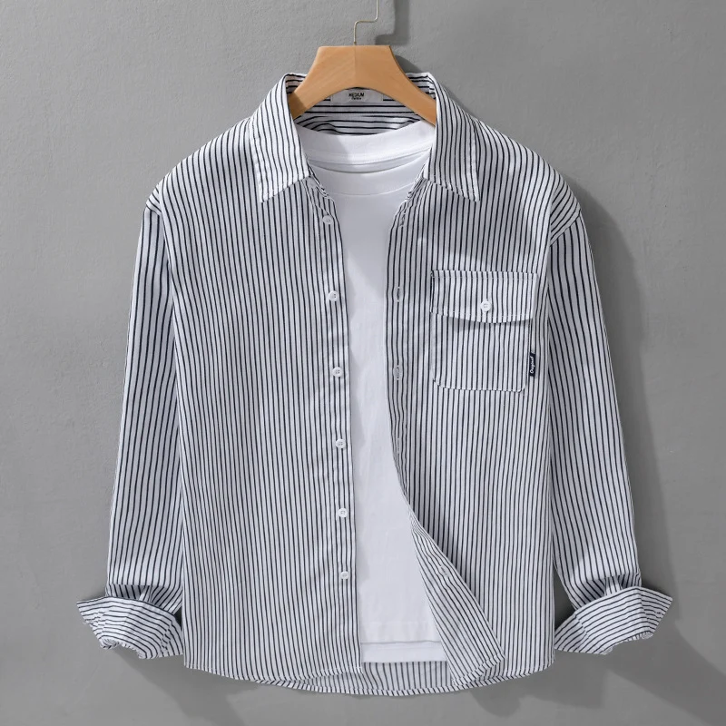 Herren Leichtes gestreiftes Hemdjacken-Overshirt aus Baumwoll-Leinenmix mit Brusttasche Drune