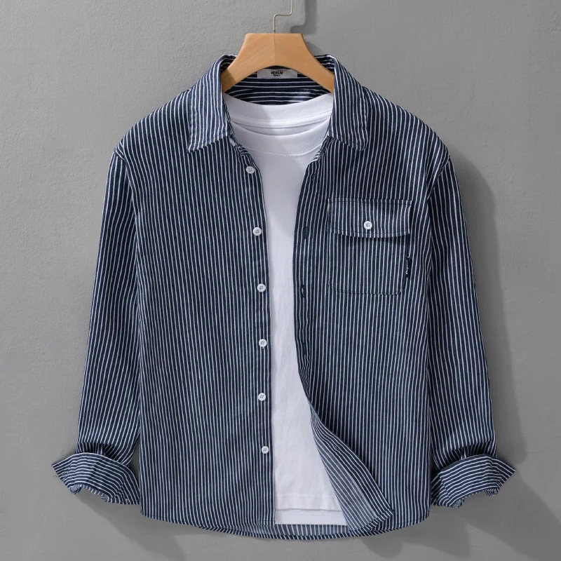 Herren Leichtes gestreiftes Hemdjacken-Overshirt aus Baumwoll-Leinenmix mit Brusttasche Drune