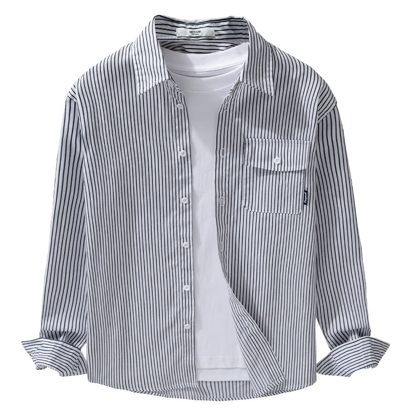 Herren Leichtes gestreiftes Hemdjacken-Overshirt aus Baumwoll-Leinenmix mit Brusttasche Drune