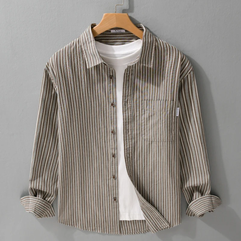 Herren Leichtes gestreiftes Hemd‑Overshirt aus Leinen‑Baumwollmix mit Relaxed‑Fit und aufgesetzter Brusttasche Drune