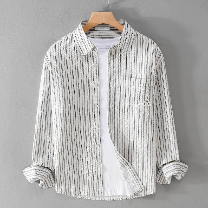 Herren Leichtes gestreiftes Baumwoll‑Leinen Layering‑Overshirt mit Kentkragen, Brusttasche und Crinkle‑Struktur Drune