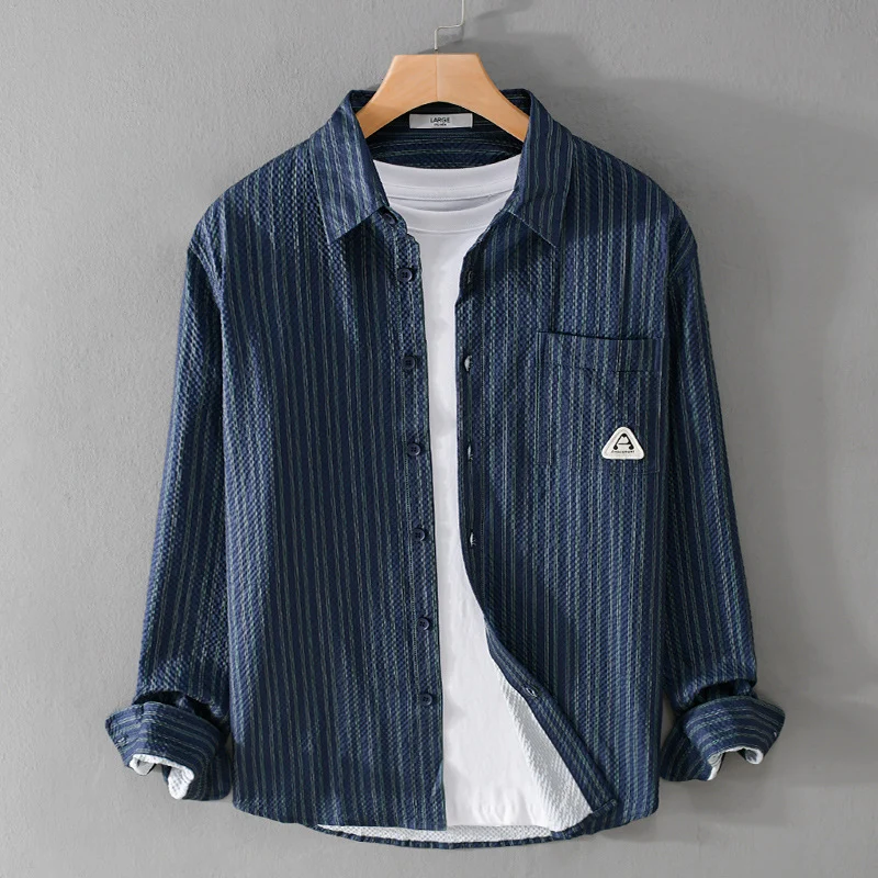 Herren Leichtes gestreiftes Baumwoll‑Leinen Layering‑Overshirt mit Kentkragen, Brusttasche und Crinkle‑Struktur Drune