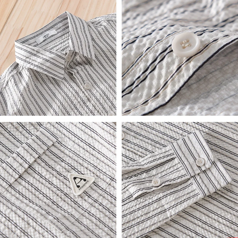 Herren Leichtes gestreiftes Baumwoll‑Leinen Layering‑Overshirt mit Kentkragen, Brusttasche und Crinkle‑Struktur Drune