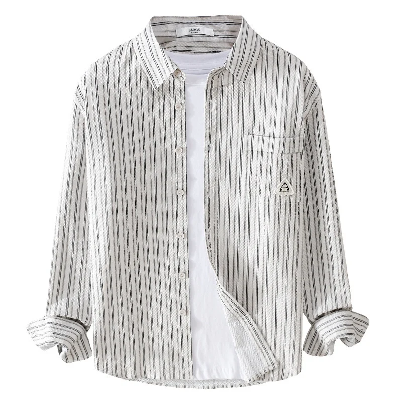 Herren Leichtes gestreiftes Baumwoll‑Leinen Layering‑Overshirt mit Kentkragen, Brusttasche und Crinkle‑Struktur Drune