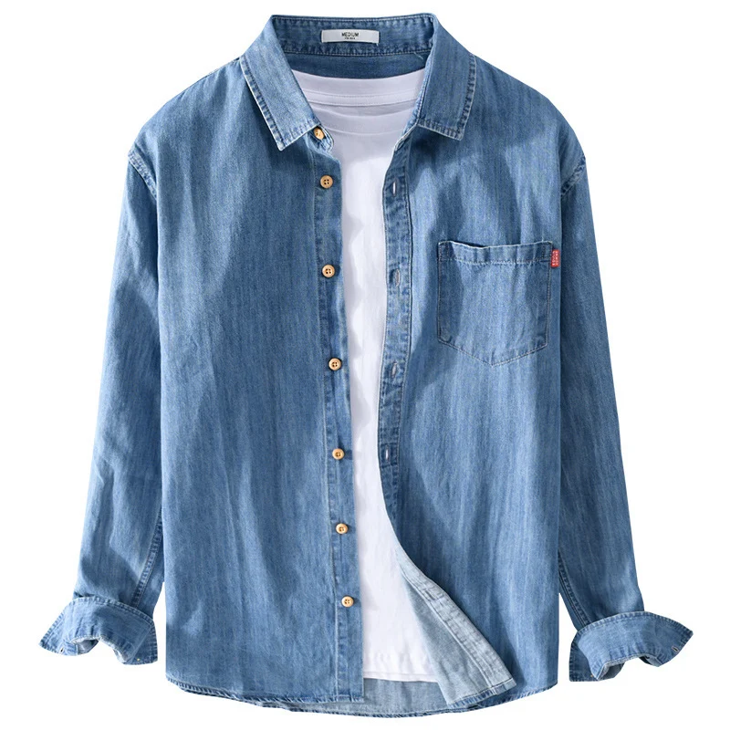 Herren Leichtes Denim-Hemd im Relaxed‑Fit mit Brusttasche und Holzknopfleiste Drune