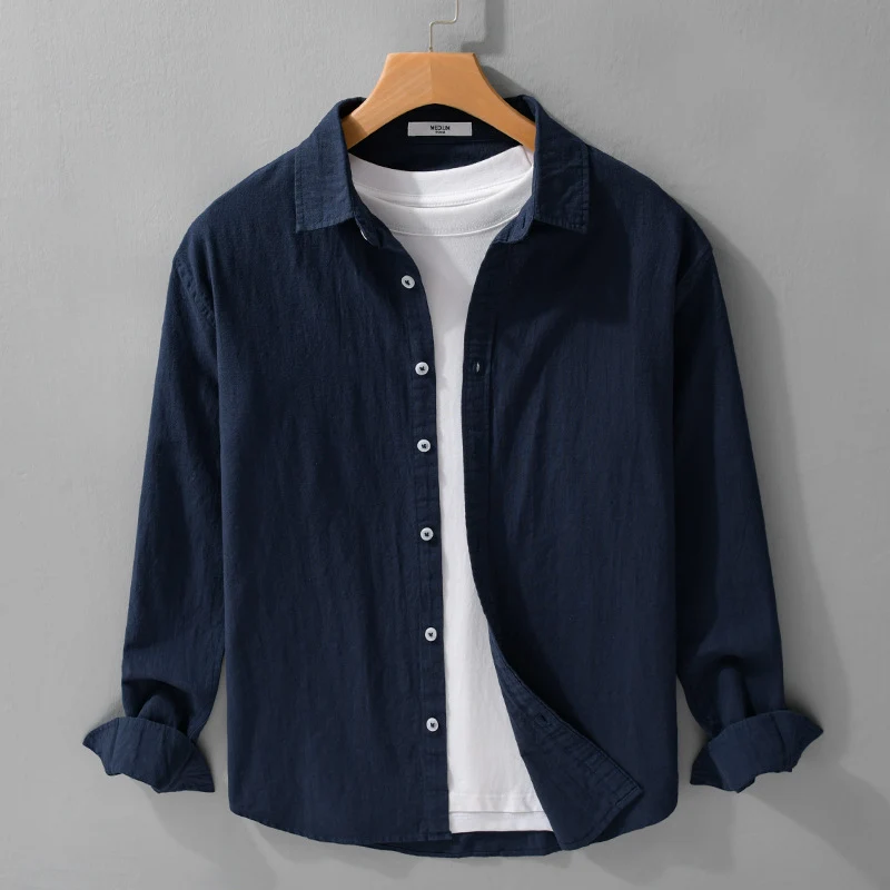 Herren Leichtes Crinkle-Leinen Baumwoll-Hemd im Layering-Stil mit Kentkragen Drune