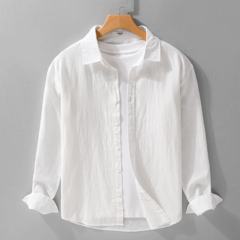 Herren Leichtes Crinkle-Leinen Baumwoll-Hemd im Layering-Stil mit Kentkragen Drune