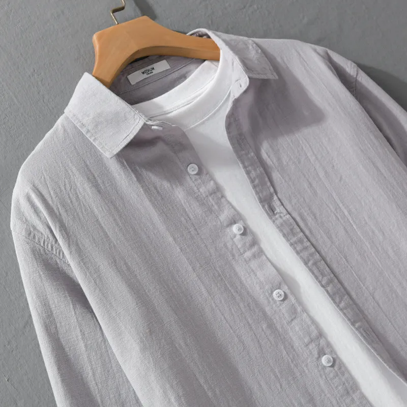 Herren Leichtes Crinkle-Leinen Baumwoll-Hemd im Layering-Stil mit Kentkragen Drune