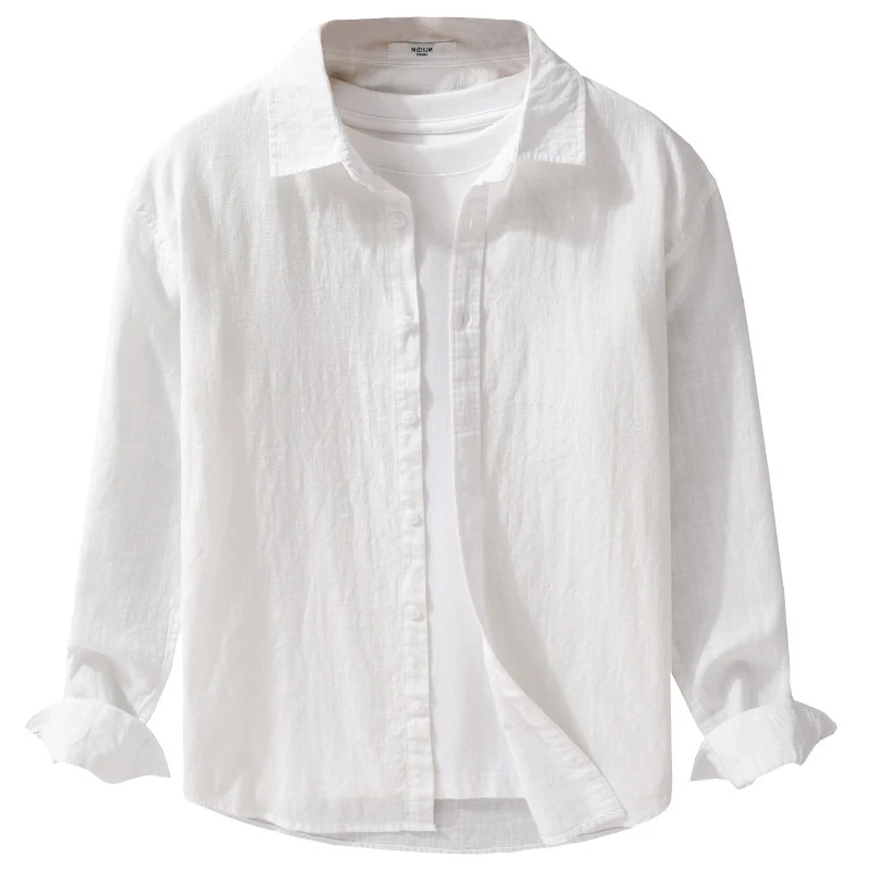 Herren Leichtes Crinkle-Leinen Baumwoll-Hemd im Layering-Stil mit Kentkragen Drune