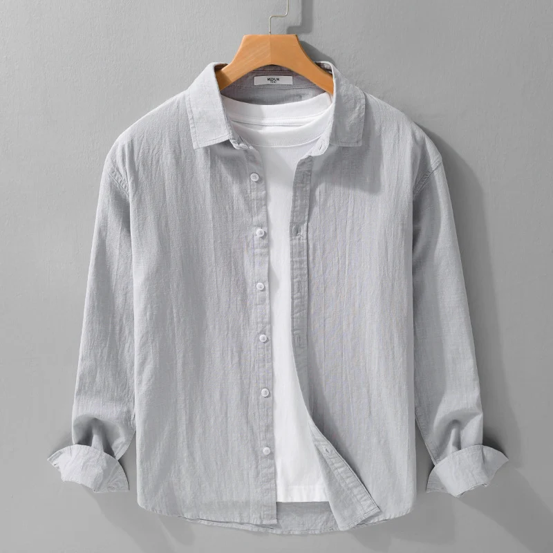 Herren Leichtes Crinkle-Leinen Baumwoll-Hemd im Layering-Stil mit Kentkragen Drune