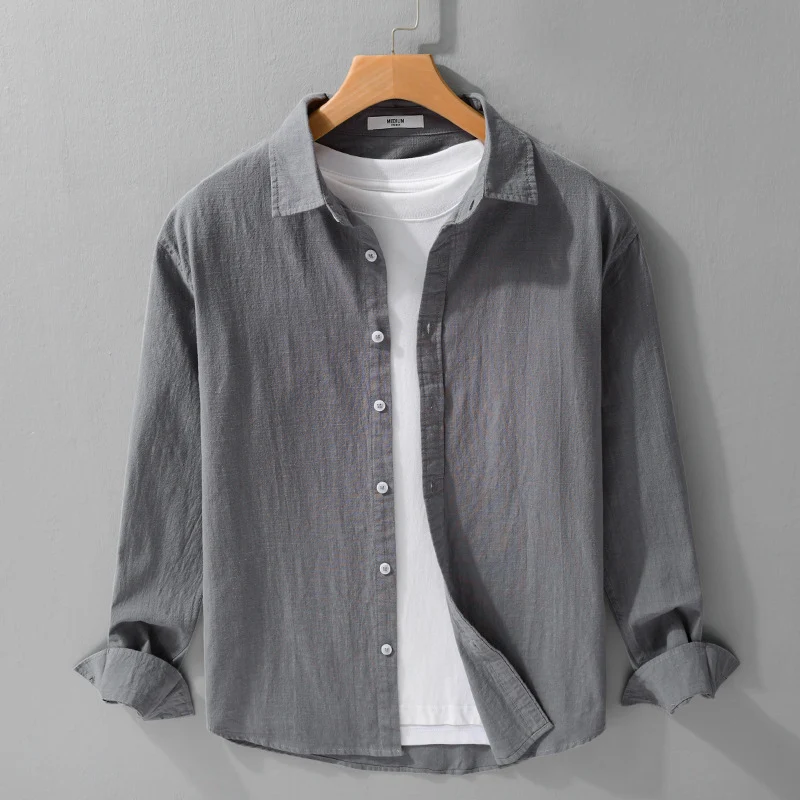 Herren Leichtes Crinkle-Leinen Baumwoll-Hemd im Layering-Stil mit Kentkragen Drune