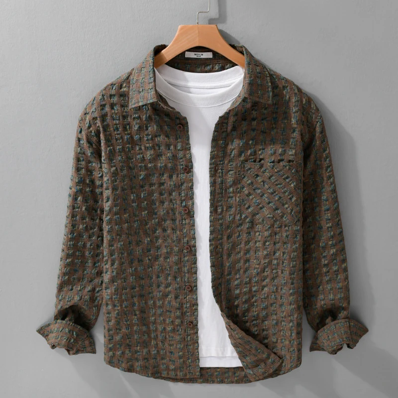 Herren Leichtes Crinkle-Karo-Overshirt aus Baumwollmix mit aufgesetzter Brusttasche Drune