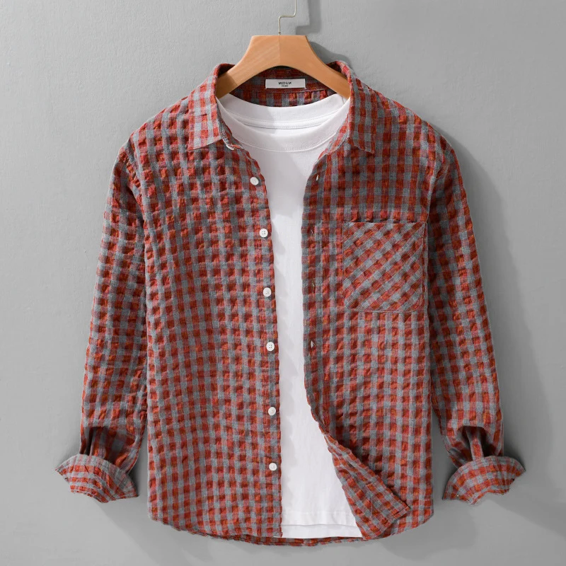 Herren Leichtes Crinkle-Karo-Overshirt aus Baumwollmix mit aufgesetzter Brusttasche Drune