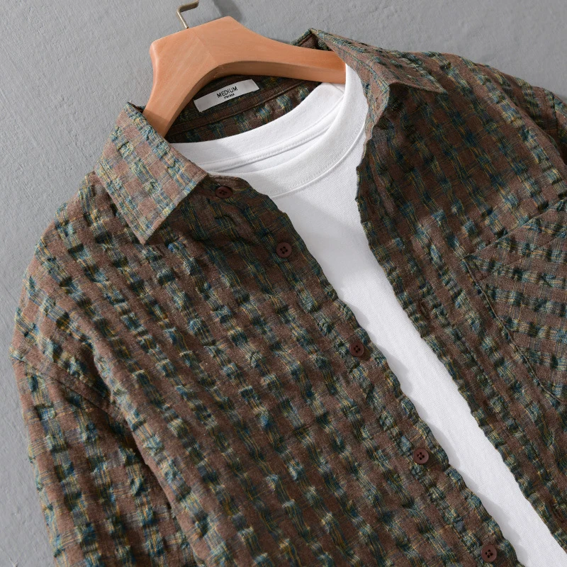 Herren Leichtes Crinkle-Karo-Overshirt aus Baumwollmix mit aufgesetzter Brusttasche Drune