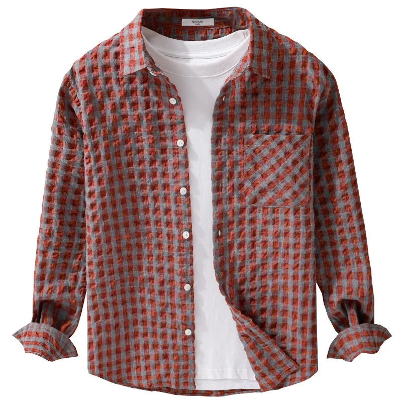 Herren Leichtes Crinkle-Karo-Overshirt aus Baumwollmix mit aufgesetzter Brusttasche Drune