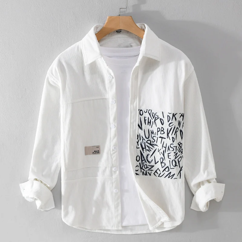 Herren Leichtes Cord-Hemdjacken-Overshirt mit Letterprint-Brusttasche und Relaxed Fit Drune