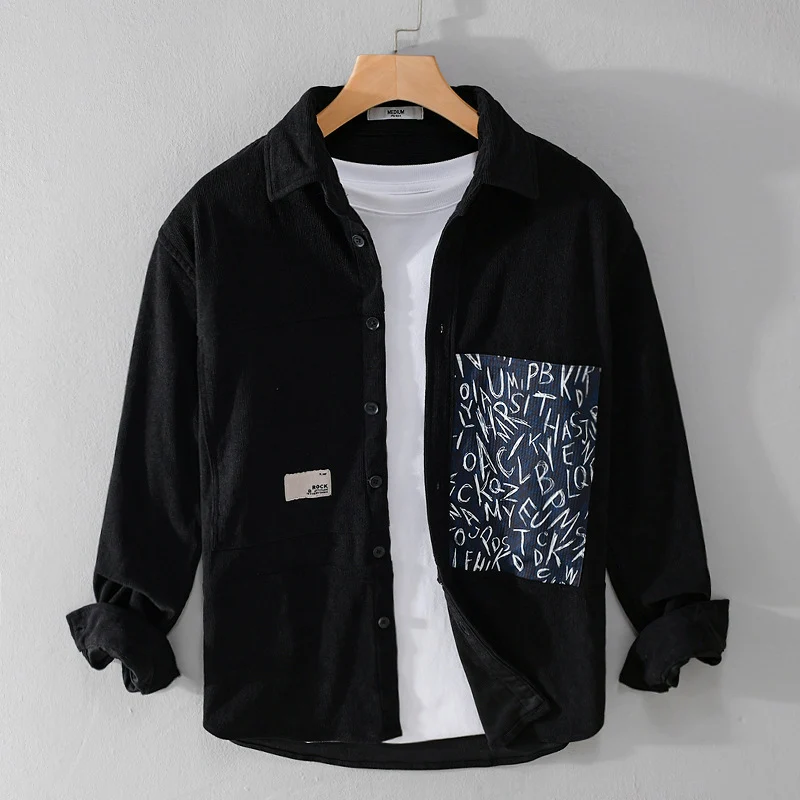 Herren Leichtes Cord-Hemdjacken-Overshirt mit Letterprint-Brusttasche und Relaxed Fit Drune