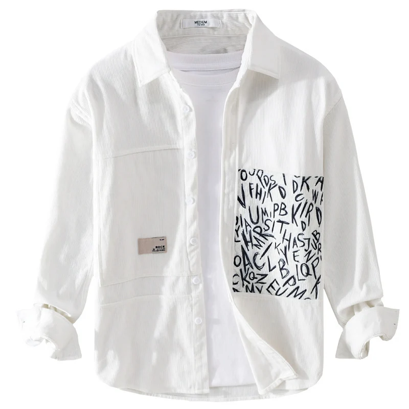 Herren Leichtes Cord-Hemdjacken-Overshirt mit Letterprint-Brusttasche und Relaxed Fit Drune