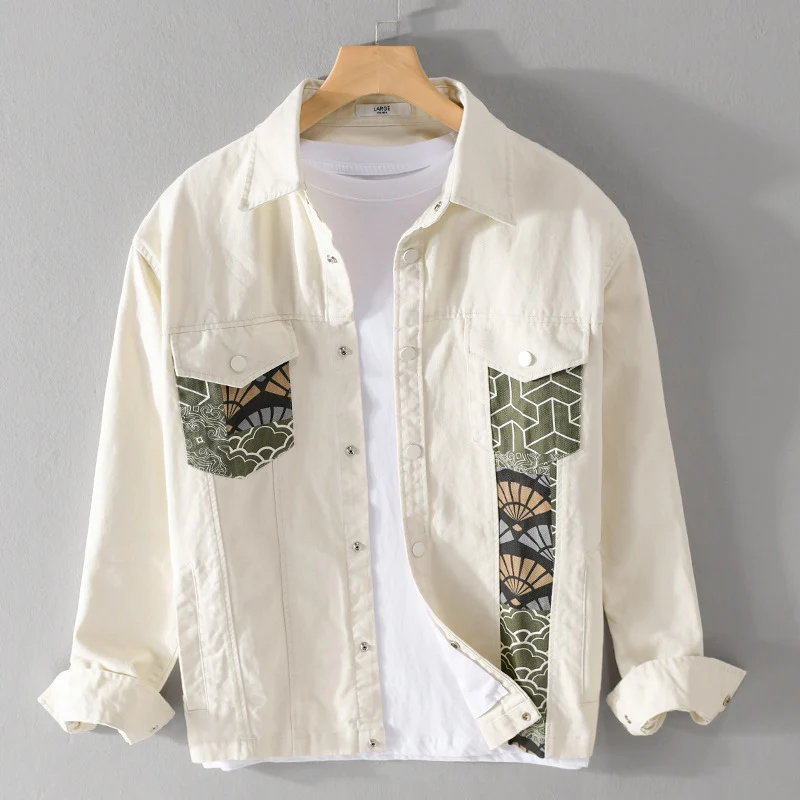 Herren Leichtes Canvas-Overshirt im Worker‑Stil mit japanischem Musterpatch und Druckknopfleiste Drune