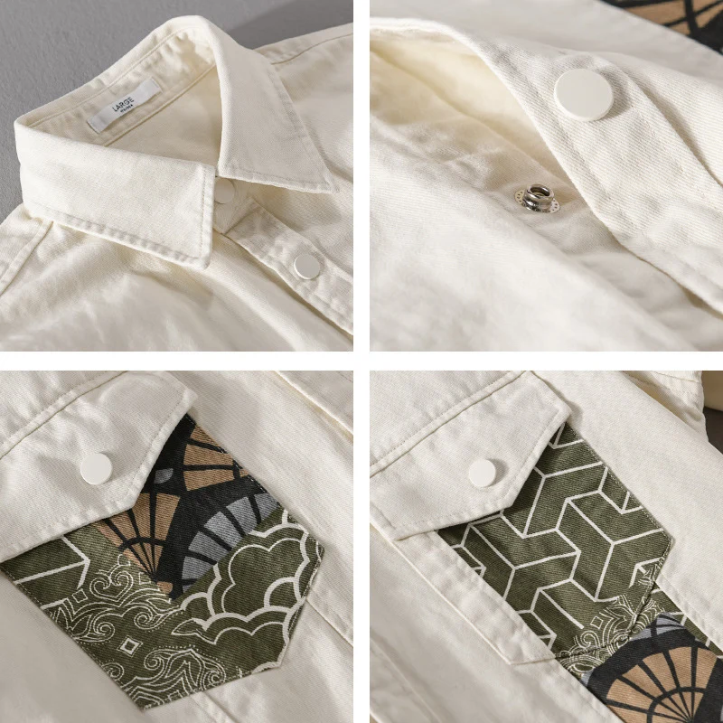 Herren Leichtes Canvas-Overshirt im Worker‑Stil mit japanischem Musterpatch und Druckknopfleiste Drune