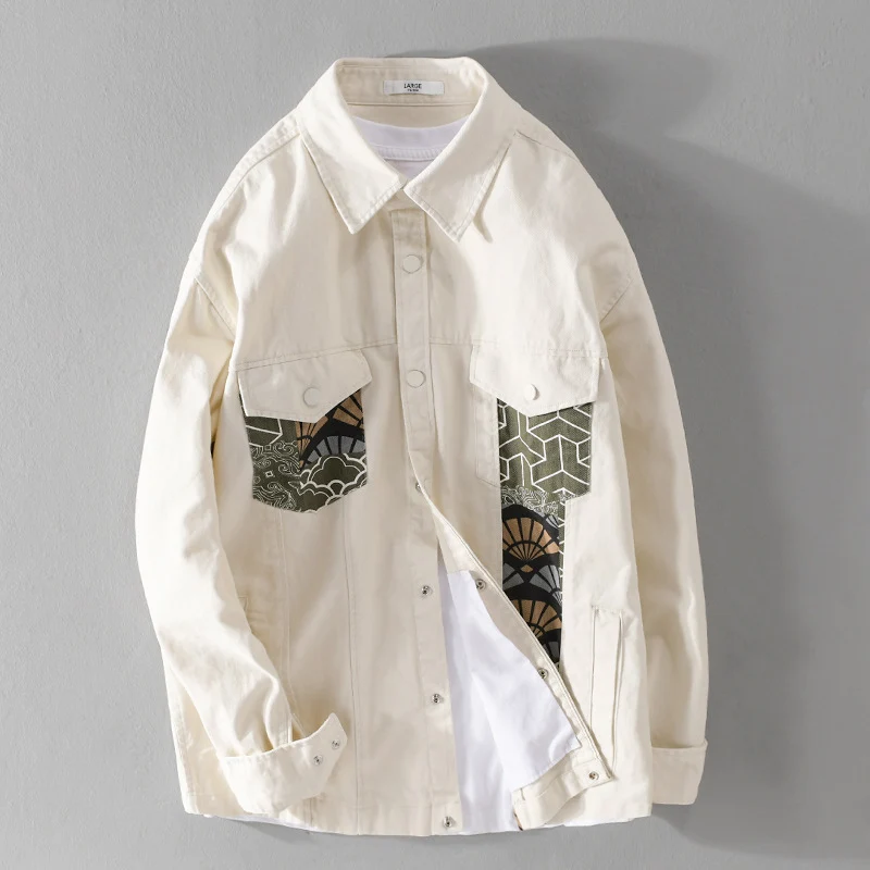 Herren Leichtes Canvas-Overshirt im Worker‑Stil mit japanischem Musterpatch und Druckknopfleiste Drune