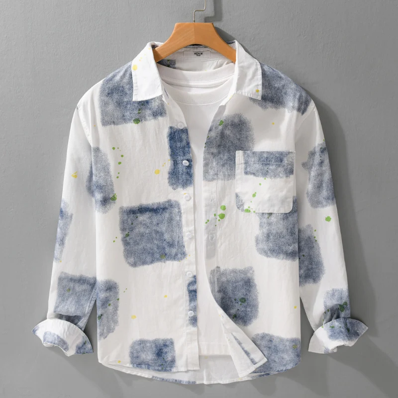 Herren Leichtes Baumwollhemd Relaxed‑Fit mit künstlerischem Sprenkel‑ und Aquarellpatch-Print Drune