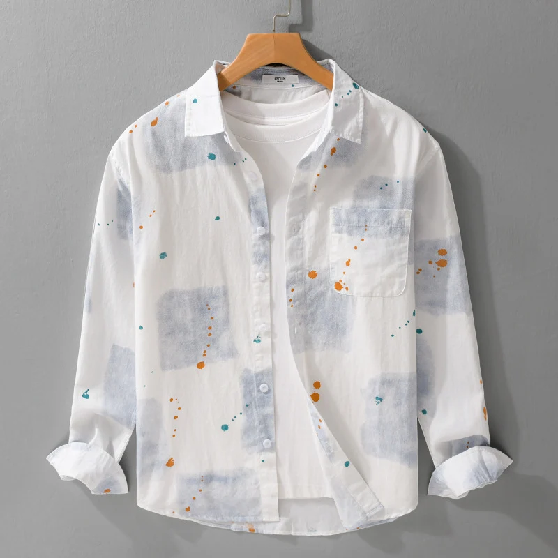 Herren Leichtes Baumwollhemd Relaxed‑Fit mit künstlerischem Sprenkel‑ und Aquarellpatch-Print Drune