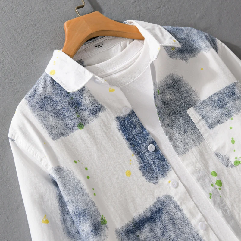 Herren Leichtes Baumwollhemd Relaxed‑Fit mit künstlerischem Sprenkel‑ und Aquarellpatch-Print Drune