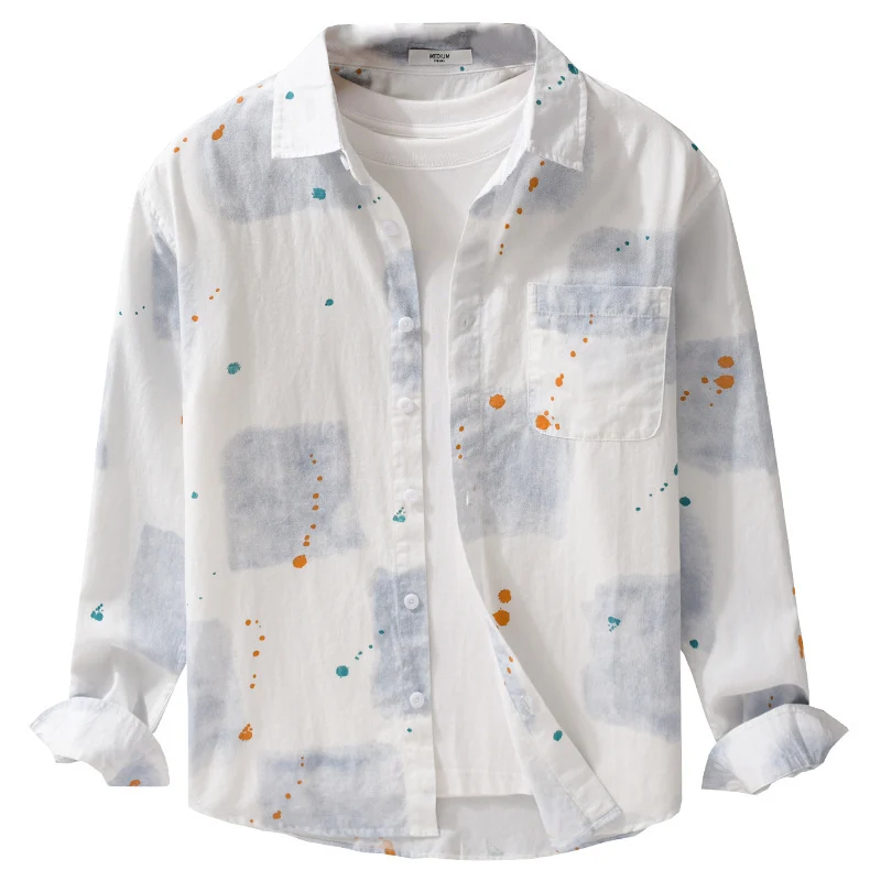 Herren Leichtes Baumwollhemd Relaxed‑Fit mit künstlerischem Sprenkel‑ und Aquarellpatch-Print Drune