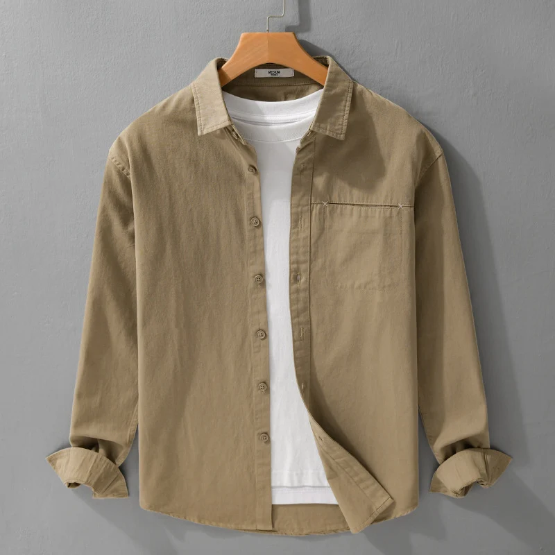 Herren Leichtes Baumwoll-Utility-Hemdjacke mit Kentkragen, Brusttasche und Relaxed-Fit Drune