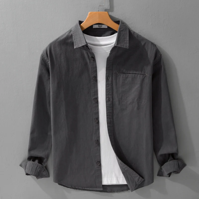 Herren Leichtes Baumwoll-Utility-Hemdjacke mit Kentkragen, Brusttasche und Relaxed-Fit Drune
