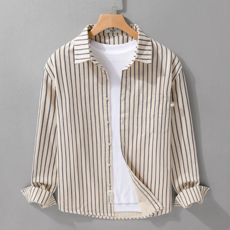 Herren Leichtes Baumwoll-Relaxed-Hemd mit vertikaler Double‑Stripe, Kentkragen und aufgesetzter Brusttasche Drune