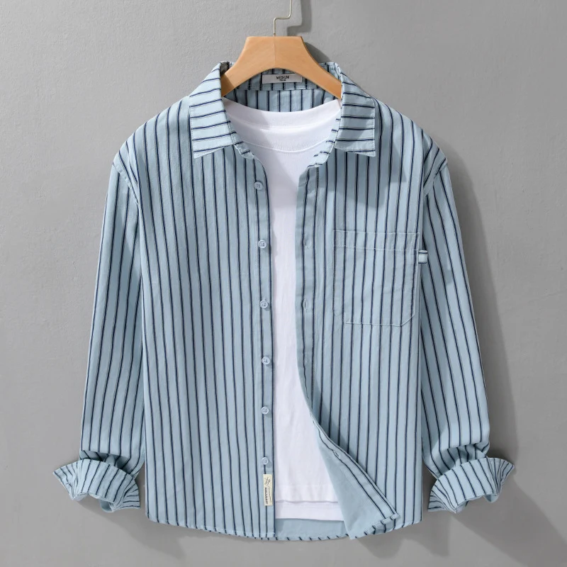 Herren Leichtes Baumwoll-Relaxed-Hemd mit vertikaler Double‑Stripe, Kentkragen und aufgesetzter Brusttasche Drune