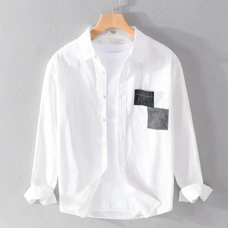 Herren Leichtes Baumwoll-Oversizehemd mit geometrischer Brustpatch-Tasche Drune