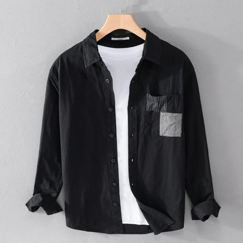 Herren Leichtes Baumwoll-Oversizehemd mit geometrischer Brustpatch-Tasche Drune