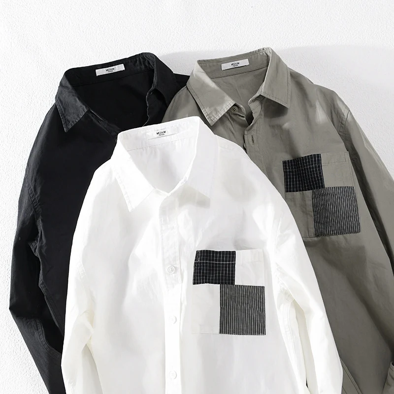 Herren Leichtes Baumwoll-Oversizehemd mit geometrischer Brustpatch-Tasche Drune