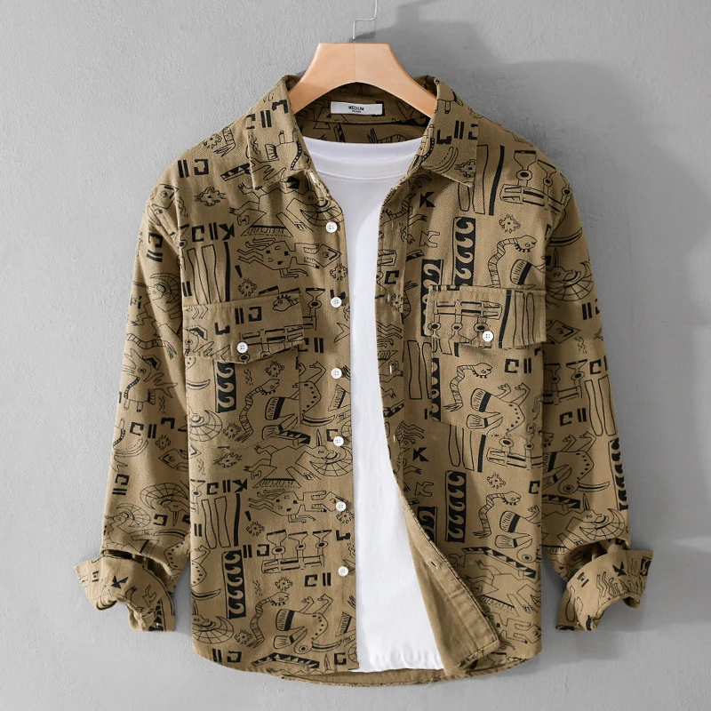 Herren Leichtes Baumwoll-Overshirt mit künstlerischem Linien-Print und doppelter Brusttasche Drune