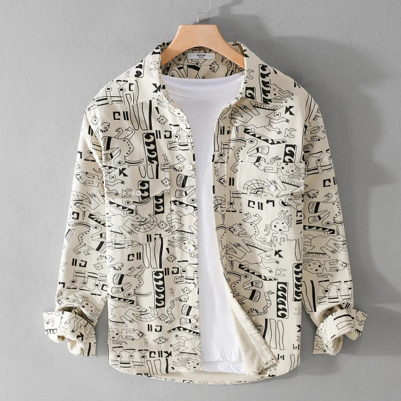 Herren Leichtes Baumwoll-Overshirt mit künstlerischem Linien-Print und doppelter Brusttasche Drune