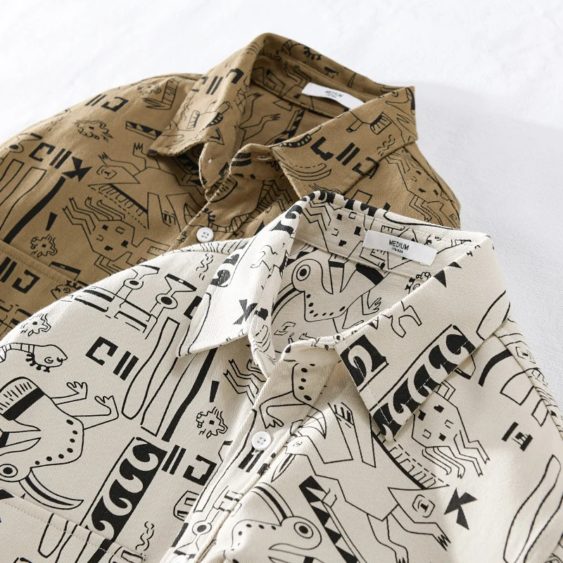 Herren Leichtes Baumwoll-Overshirt mit künstlerischem Linien-Print und doppelter Brusttasche Drune